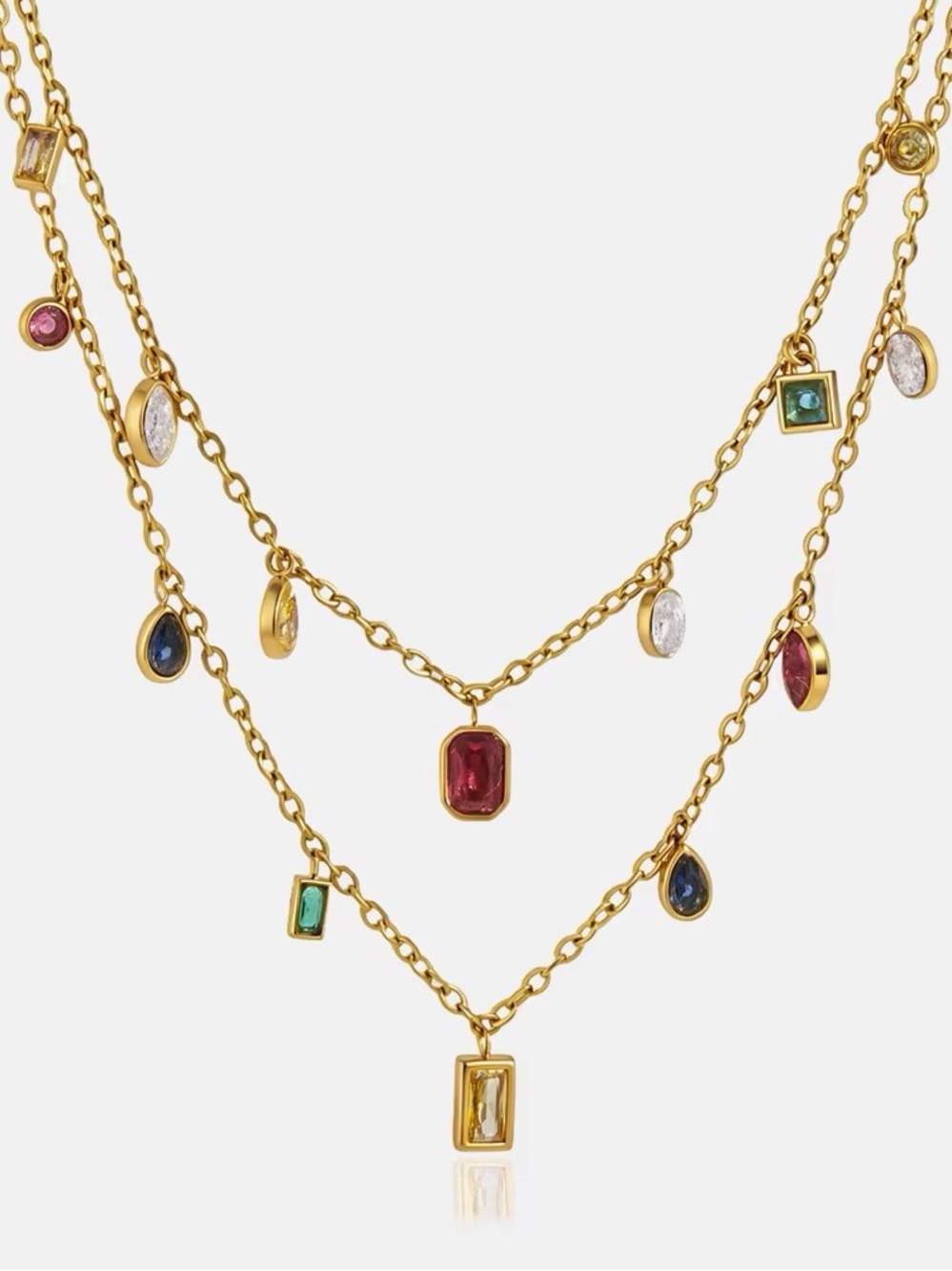 18K Gold Plated Multicolor Cubic Zirconia Layered Charm Necklace